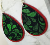 Red Suede Leather Teardrops with Black and Green Scrolling Real Leather Teardrop Overlay Earrings