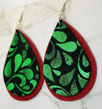 Red Suede Leather Teardrops with Black and Green Scrolling Real Leather Teardrop Overlay Earrings