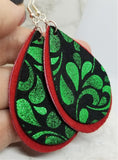 Red Suede Leather Teardrops with Black and Green Scrolling Real Leather Teardrop Overlay Earrings