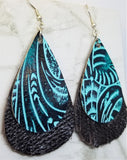 Black and Turquoise Colored Embossed Real Leather with Fringed Chocolate Brown Real Leather Earrings