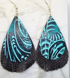 Black and Turquoise Colored Embossed Real Leather with Fringed Chocolate Brown Real Leather Earrings