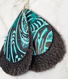 Black and Turquoise Colored Embossed Real Leather with Fringed Chocolate Brown Real Leather Earrings