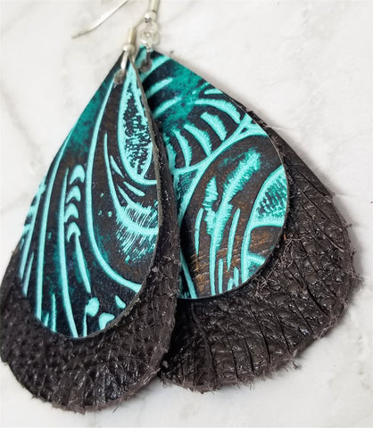 Black and Turquoise Colored Embossed Real Leather with Fringed Chocolate Brown Real Leather Earrings