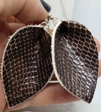 Brown Snakeskin Teardrop Leaf Shaped Real Leather Earrings