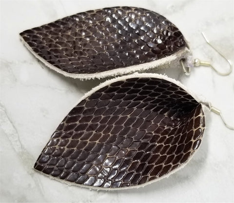 Brown Snakeskin Teardrop Leaf Shaped Real Leather Earrings