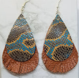 Brown and Turquoise Snakeskin Patterned Real Leather with Fringed Brown Real Leather Earrings