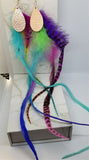 Crazy Long Colorful Feather Earrings with Pink and Gold Leather Teardrops
