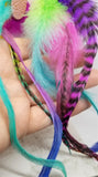 Crazy Long Colorful Feather Earrings with Pink and Gold Leather Teardrops