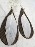 Brown Embossed Teardrop Shaped REAL Leather Earrings with White Feather Overlay