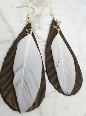 Brown Embossed Teardrop Shaped REAL Leather Earrings with White Feather Overlay