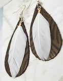 Brown Embossed Teardrop Shaped REAL Leather Earrings with White Feather Overlay