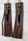 Brown Fringed Leather Rectangle Strip Earrings with Arrow Charm