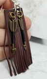 Brown Fringed Leather Rectangle Strip Earrings with Arrow Charm