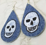 Hand Painted Phantom Skull on Denim Real Leather Teardrop Earrings