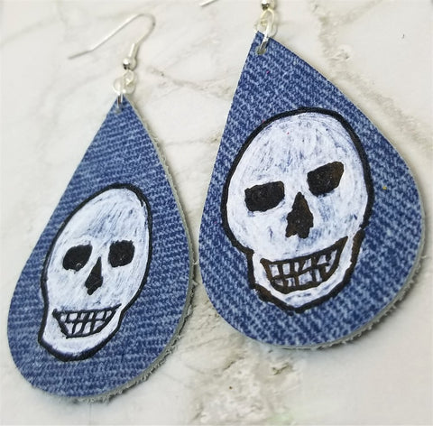 Hand Painted Phantom Skull on Denim Real Leather Teardrop Earrings
