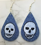 Hand Painted Phantom Skull on Denim Real Leather Teardrop Earrings