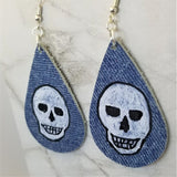 Hand Painted Phantom Skull on Denim Real Leather Teardrop Earrings