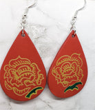 Hand Painted Tattoo Rose Real Leather Teardrop Shaped Earrings