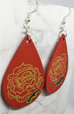 Hand Painted Tattoo Rose Real Leather Teardrop Shaped Earrings