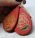 Hand Painted Tattoo Rose Real Leather Teardrop Shaped Earrings