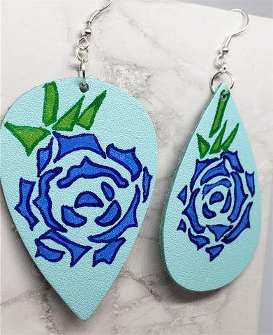 Hand Painted Tattoo Rose Real Leather Topsy Turvy Teardrop Shaped Earrings