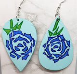 Hand Painted Tattoo Rose Real Leather Topsy Turvy Teardrop Shaped Earrings