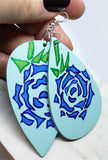 Hand Painted Tattoo Rose Real Leather Topsy Turvy Teardrop Shaped Earrings
