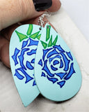 Hand Painted Tattoo Rose Real Leather Topsy Turvy Teardrop Shaped Earrings