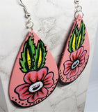 Hand Painted Flower on Salmon Colored Real Leather Teardrop Shaped Earrings