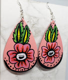 Hand Painted Flower on Salmon Colored Real Leather Teardrop Shaped Earrings