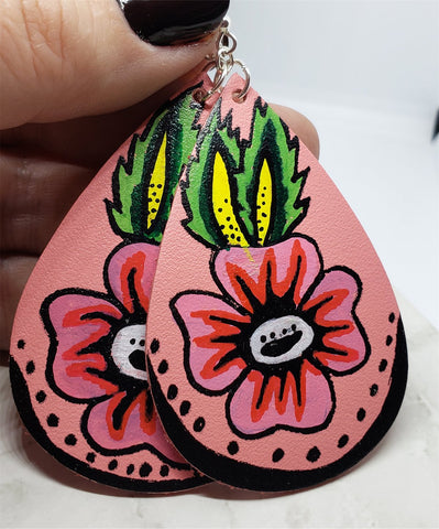 Hand Painted Flower on Salmon Colored Real Leather Teardrop Shaped Earrings