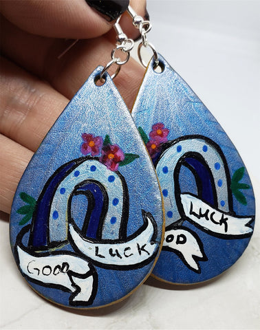 Hand Painted Good Luck Horseshoe Real Leather Teardrop Shaped Earrings