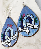 Hand Painted Good Luck Horseshoe Real Leather Teardrop Shaped Earrings