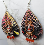 Colorful Snakeskin Real Leather Earrings with a Copper Chandelier Overlay and Swarovski Crystal Dangles