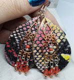 Colorful Snakeskin Real Leather Earrings with a Copper Chandelier Overlay and Swarovski Crystal Dangles
