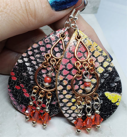 Colorful Snakeskin Real Leather Earrings with a Copper Chandelier Overlay and Swarovski Crystal Dangles