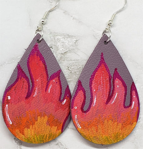 Hand Painted Flames on Mauve Real Leather Teardrop Shaped Earrings