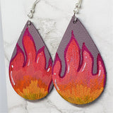 Hand Painted Flames on Mauve Real Leather Teardrop Shaped Earrings