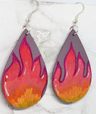 Hand Painted Flames on Mauve Real Leather Teardrop Shaped Earrings