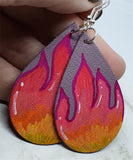 Hand Painted Flames on Mauve Real Leather Teardrop Shaped Earrings