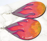 Hand Painted Flames on Mauve Real Leather Teardrop Shaped Earrings