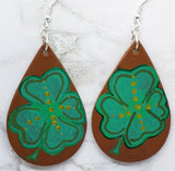 Hand Painted Shamrock Four Leaf Clover Real Leather Teardrop Earrings