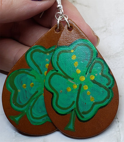 Hand Painted Shamrock Four Leaf Clover Real Leather Teardrop Earrings