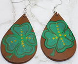 Hand Painted Shamrock Four Leaf Clover Real Leather Teardrop Earrings