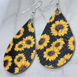 Sunflowers Printed on Black Real Leather Teardrop Earrings
