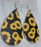 Sunflowers Printed on Black Real Leather Teardrop Earrings