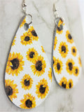 Sunflowers Printed on White Real Leather Teardrop Earrings