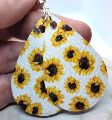 Sunflowers Printed on White Real Leather Teardrop Earrings
