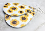 Sunflowers Printed on White Real Leather Teardrop Earrings
