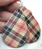 Red, Tan and Black Plaid Real Leather Teardrop Earrings with Surgical Steel Earwires